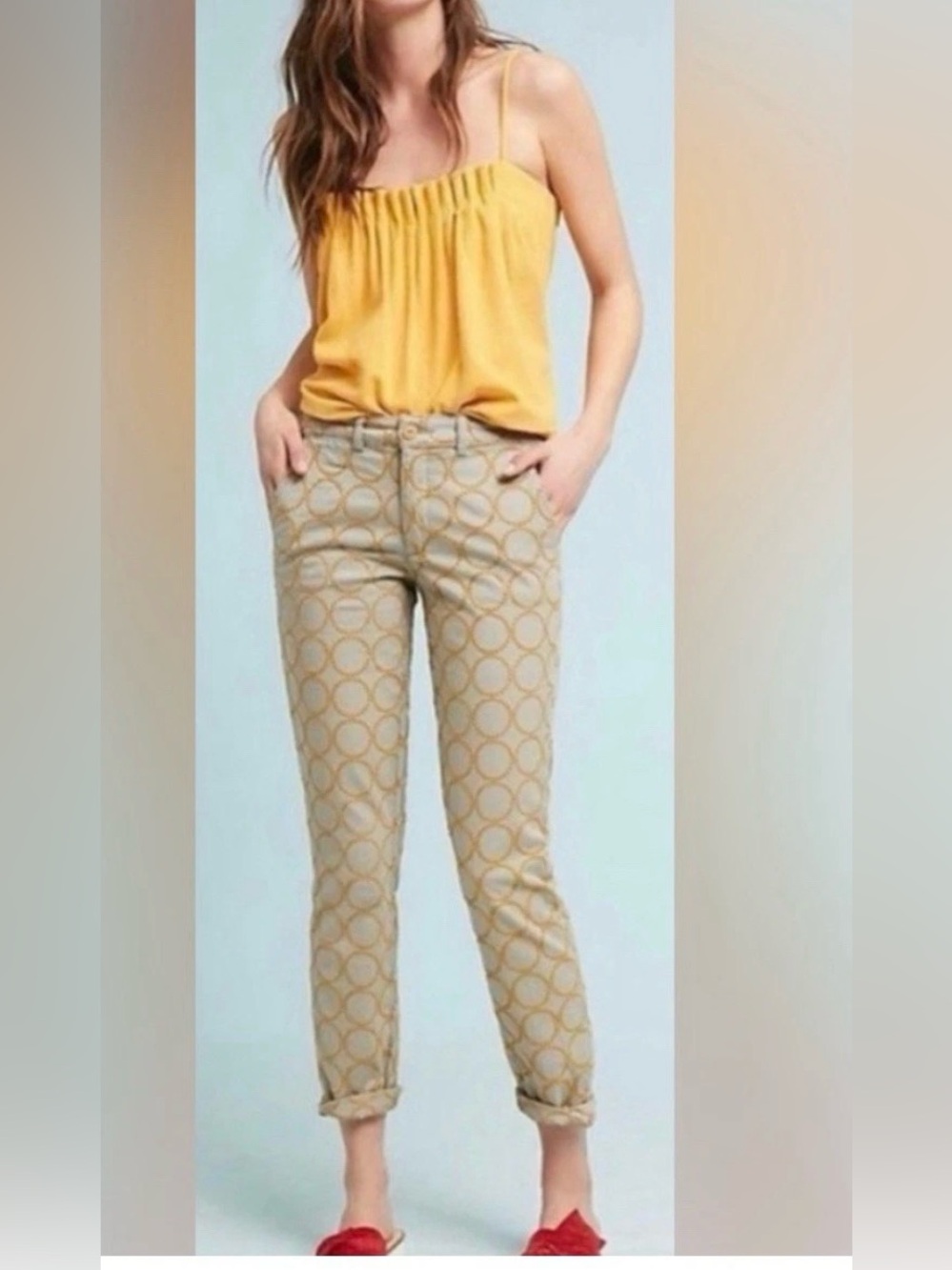 Anthropologie Chino Relaxed Fit Pants Size 26 Yellow Embroidered circle